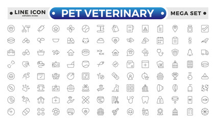 Set of line icons related to pet, care, veterinary, vet, and healthcare. Set of outline veterinarian icons. Animals veterinary icons. Pet and Vet Line Icon Set. Editable stroke outline icon. 