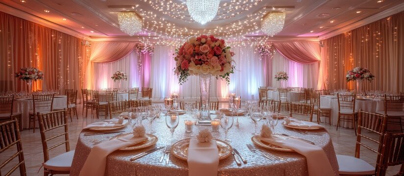 Wedding Reception Setup with Flowers and Chandeliers