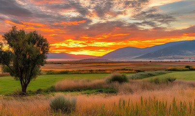 Vibrant sunrise over a tranquil valley with a lone tree, fields, and distant mountains