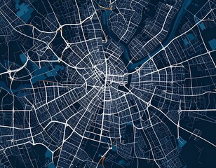 Obraz premium Beautiful overhead view of map in night setting with streets full of light and everything in dark shadows, illustrative animation of a city map