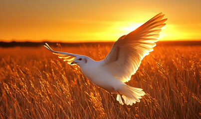 White bird soaring over golden field at sunset. Majestic wings spread in warm light
