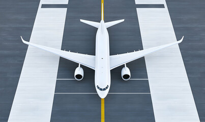 White passenger airplane on airport runway, ready for takeoff or landing. Top view