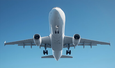 White passenger airplane taking off against clear blue sky, front view
