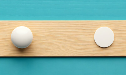 White sphere and circle on wooden plank against teal backdrop, minimalist abstract scene