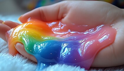Colorful slime held in a hand, a rainbow of hues.