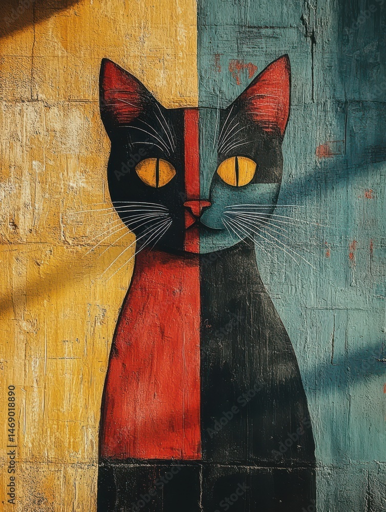 Aufkleber cat head with abstract geometric pattern on concrete wall. 3d rendering