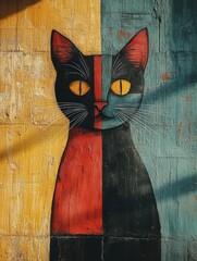 Cat head with abstract geometric pattern on concrete wall. 3d rendering