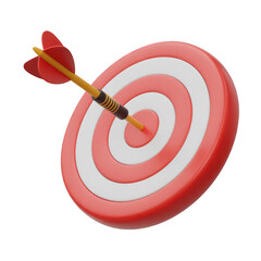 A red and white target with a yellow dart hitting the bullseye on a black isolated background view