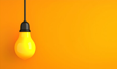 Yellow lightbulb hangs against a vibrant orange backdrop, creating a striking contrast