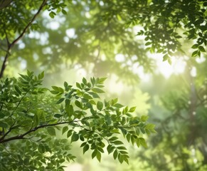 Soft, dreamy bokeh of sunlit green leaves and branches ,  leaves,  green