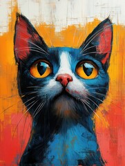 Cat with big eyes on colorful background. Colorful portrait of cat.