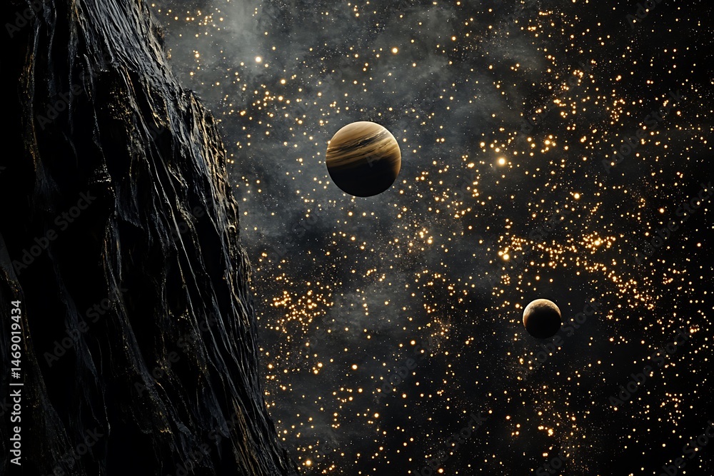 Poster . a surreal space scene with distant planets aligned in orbit and twinkling stars scattered across t