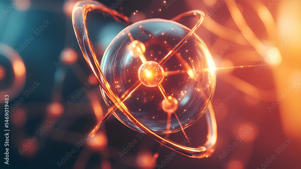 Poster glowing atom structure with orbitals in dark background