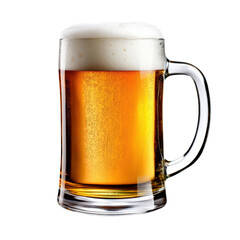 Classic beer mug filled with golden brew surrounded by bubbles and foam capturing the essence of refreshing beverages isolated on transparent background..