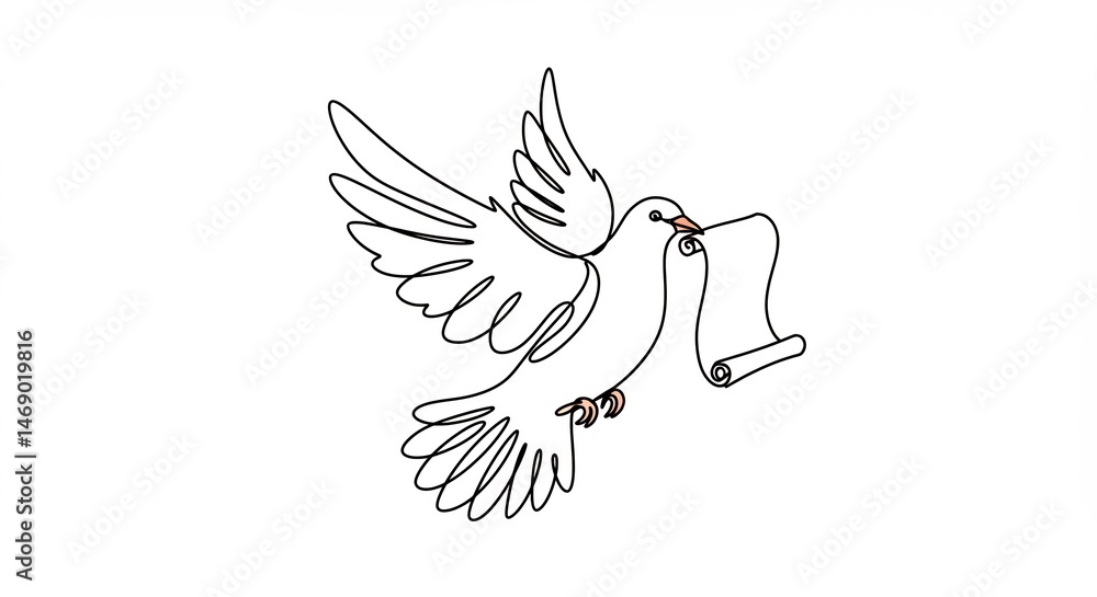 Poster dove flying with scroll one line art simple vector