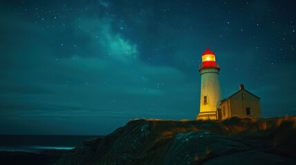 A tranquil lighthouse stands tall at night, guiding ships with its bright red light under a starry sky.