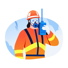 A flat style illustration showing a fireman doing emergency calling 