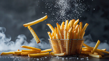 Premium fries product shot with dynamic elements. Fast casual restaurant branding photography