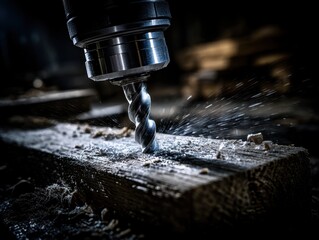 Metallic drill bit penetrating dark wood plank with water spray and wood shavings