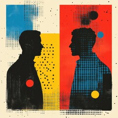 Two men talking. Pop art retro style. Grunge background.

