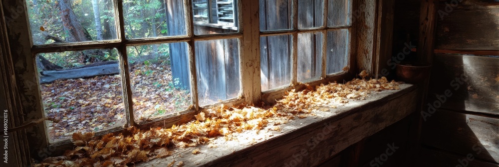 Poster fallen leaves create a rustic charm on a windowsill inside an old cabin surrounded by nature in autu