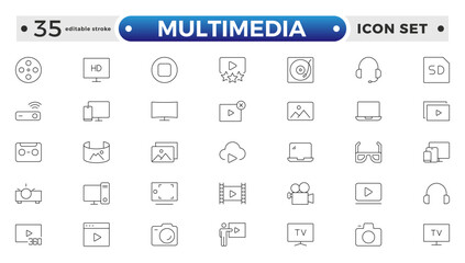 Multimedia outline Icons set. Vector illustration in thin line style of modern digital technology icons: photo, video, music, audiovisual equipment, and more. Editable stroke outline icon. 
