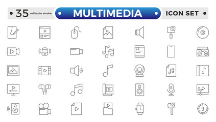 Multimedia outline Icons set. Vector illustration in thin line style of modern digital technology icons: photo, video, music, audiovisual equipment, and more. Editable stroke outline icon. 

