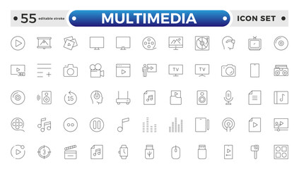 Multimedia outline Icons set. Vector illustration in thin line style of modern digital technology icons: photo, video, music, audiovisual equipment, and more. Editable stroke outline icon. 
