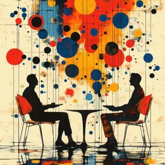 Couple sitting at a table and drinking coffee. Abstract colorful background.