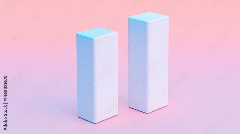 Poster two white rectangular objects with blue tops, slightly offset from each other, stand against a gradi