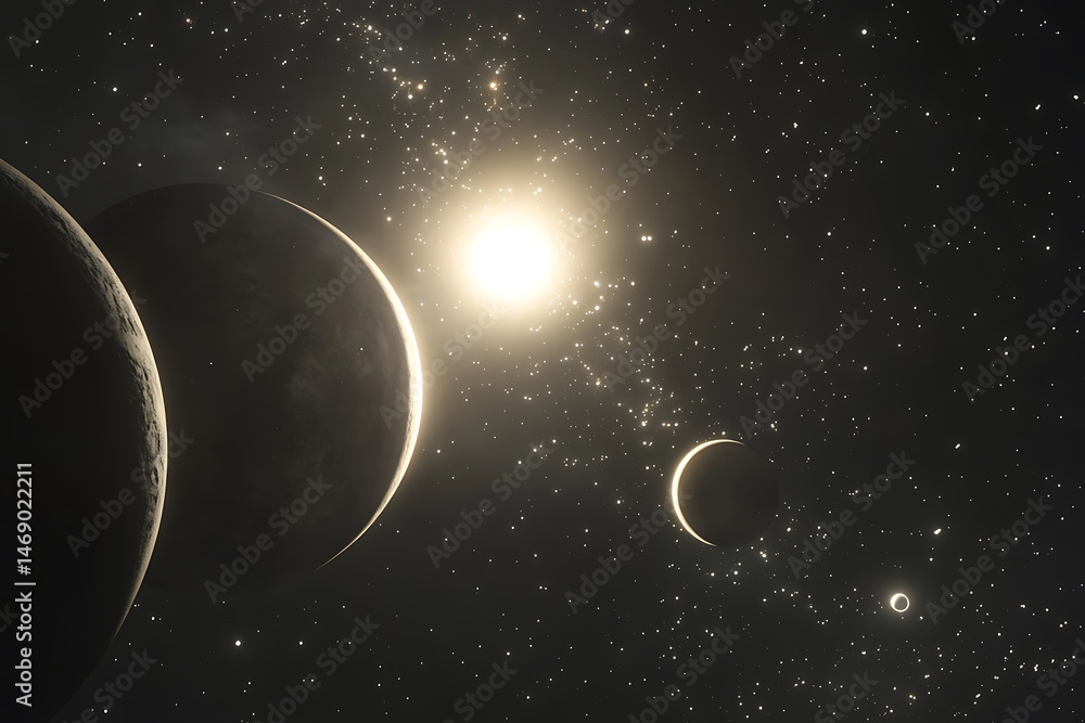 Poster a vast universe scene with glowing planets of different sizes, surrounded by dense clusters of spark