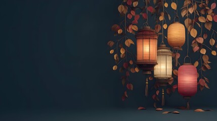 Mid-autumn lantern background with warm, glowing traditional lanterns on dark backdrop.