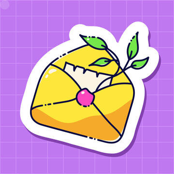 Naklejki An envelop with letter and green branch sticker for a daily diary drawn in bright neon colors.