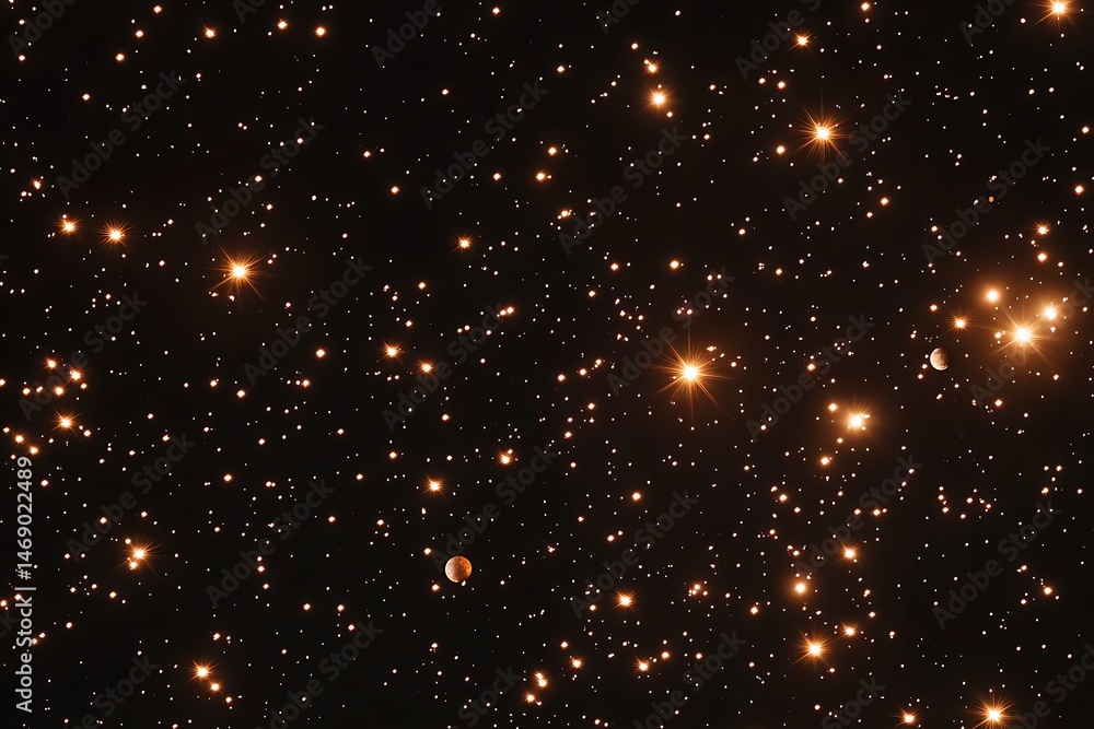 Poster a vast universe scene with glowing planets of different sizes, surrounded by dense clusters of spark