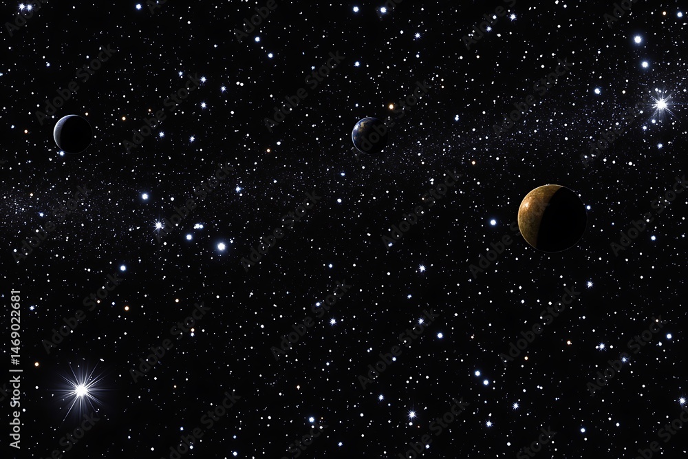 Poster a vast universe scene with glowing planets of different sizes, surrounded by dense clusters of spark