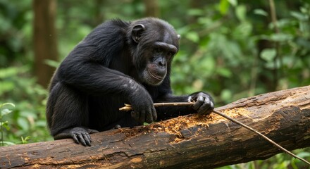 Naklejka premium Intelligent chimp utilizes stick to forage for nourishment in the natural environment