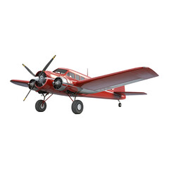 An antique red airplane is seen with propellers ready for flight on transparent background