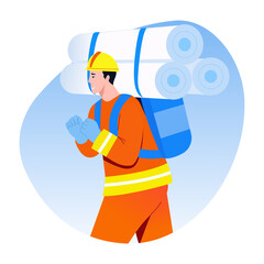 A flat style illustration showing a firefighter carrying hose