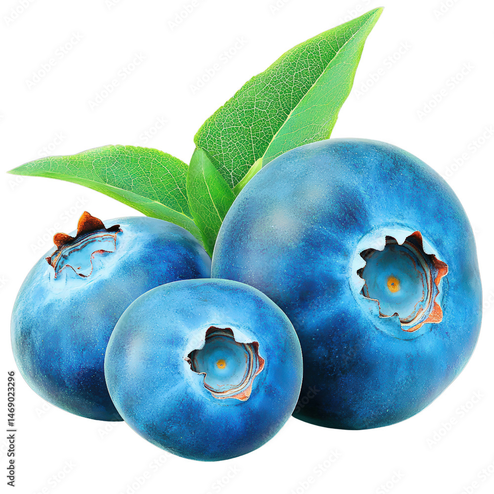 Poster two fresh blueberries with a leaf resting on a bright surface highlighting their juicy texture and n