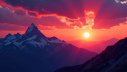 Obraz premium Fiery sunset paints rugged mountain silhouettes against vibrant sky, sunset, panorama