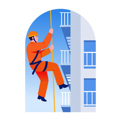 A flat style illustration of showing a fireman helping with rope rescue 