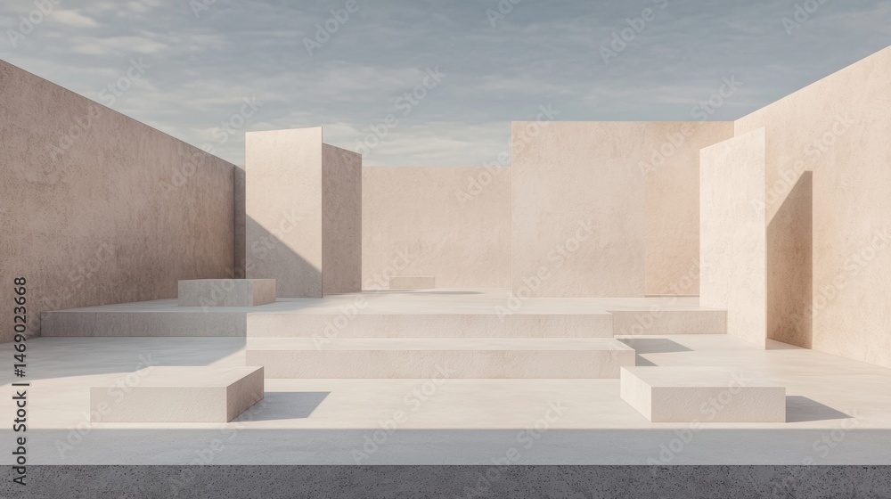 Poster a minimalist architectural scene with a light beige color palette, featuring a series of light beige