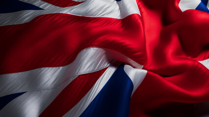 Vibrant Union Jack Close-Up: Textured Folds and Shadows in the UK Flag. Premium Background with copy-space