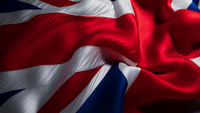 Vibrant Union Jack Close-Up: Textured Folds and Shadows in the UK Flag. Premium Background with copy-space