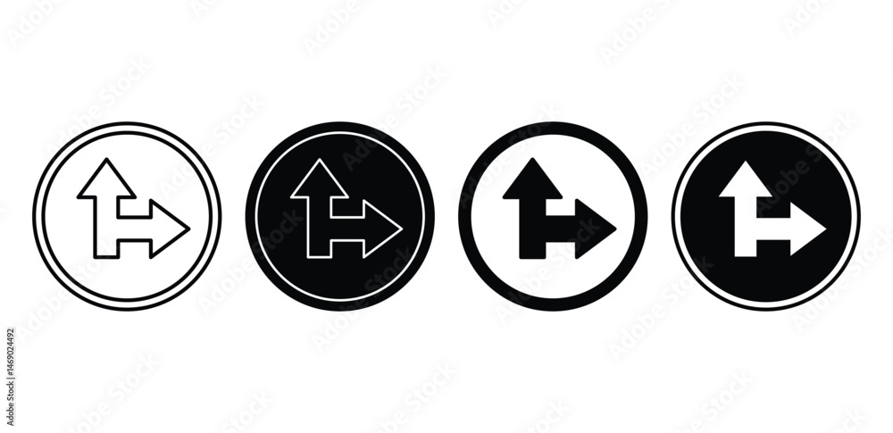 Poster set of black and white circular side road right icons with arrows vector design