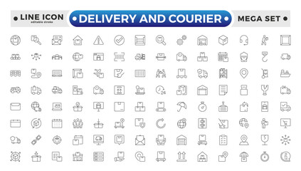 Delivery and courier icon set. Containing order tracking, delivery home, warehouse, truck, scooter, courier and cargo icons. Shipping symbol. Editable stroke outline icon. 
