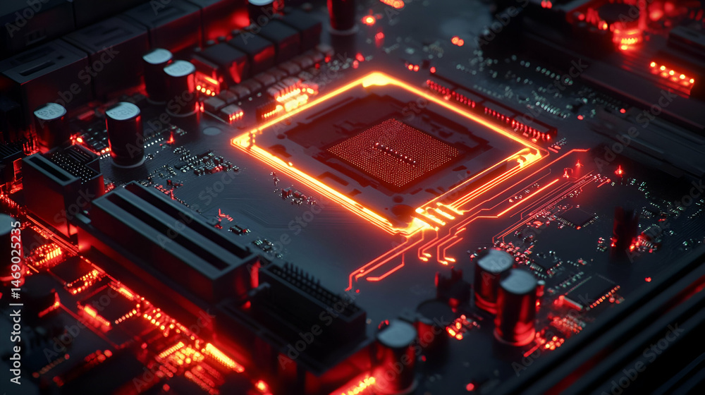 Poster glowing red circuit board with central processing unit