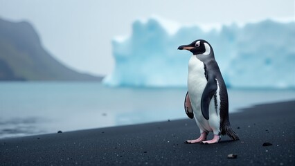 Fototapeta premium Antarctic Penguin On Black Sand Beach