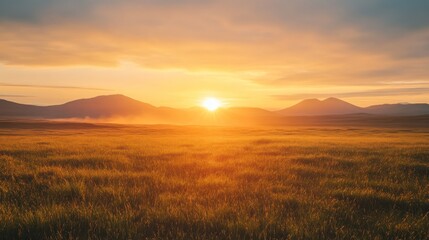Obraz premium Golden sunset over a vast grassy plain with mountains in the background.
