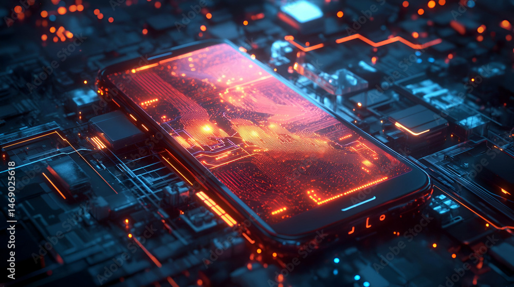 Poster glowing smartphone on circuit board: abstract technology image